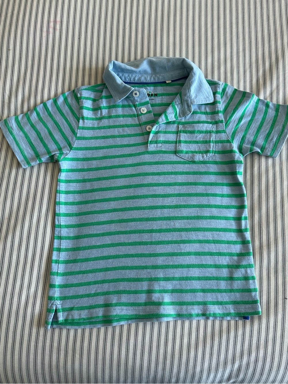 Mini Boden 5-6yr Blue Polo with Green Stripes